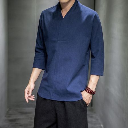 Men's Cotton And Linen Three-Quarter Sleeve Short-Sleeved T-Shirt Casual Retro