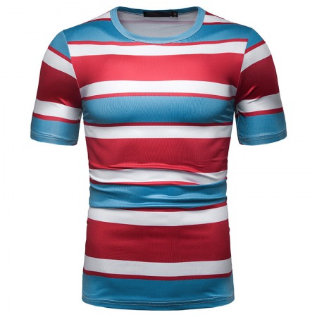 Summer Men's Short-Sleeved T-Shirt Contrast Striped Slim Casual T-Shirts