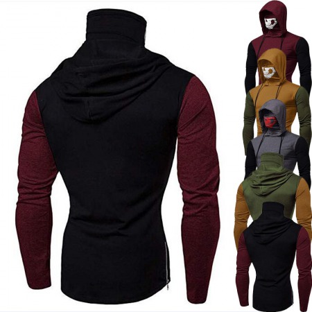 Men's Fashion Hooded High Collar Skull Stitching Long-Sleeved T-Shirt